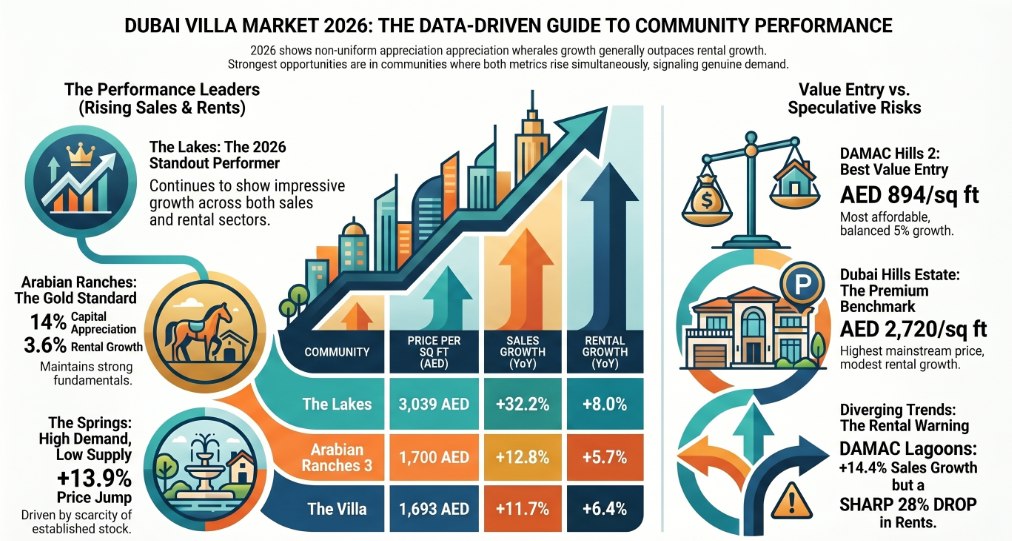 Villa communities in Dubai 2026 infographic.